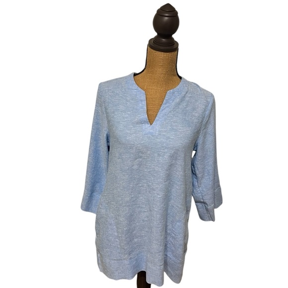 Lands End women’s 100% linen Notch Neck 3/4 Sleeve Tunic, Blue, Small pockets - Picture 2 of 8